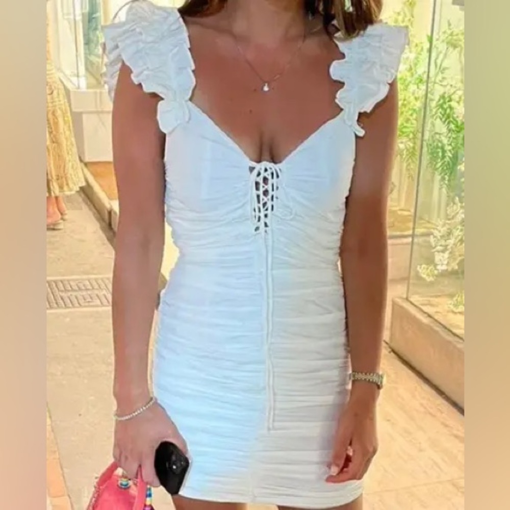 NWOT!! ZARA DRAPED LINEN BLEND ECRU CREAM RUFFLE MINI DRESS. - Picture 8 of 10